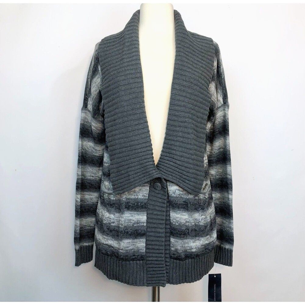 Tommy Hilfiger 2011 Cable Knit Cardigan Sweater XS Grey & White with Pockets
